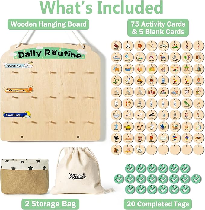 Wooden Visual Schedule for Kids 3-6 Year Old - Three Rows Hanging Daily Schedule Chart for Home & Classroom - Morning Bedtime Routine Chart Chore Reward Chart for Toddlers - Autism Learning Materials