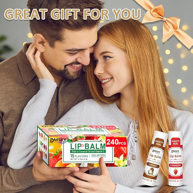 DMSKY 240 Pack Lip Balm, Natural Lip Balm Bulk with Vitamin E and Coconut Oil, Christmas Stocking Stuffers, Christmas Gifts for Women Girls-12 Flavors