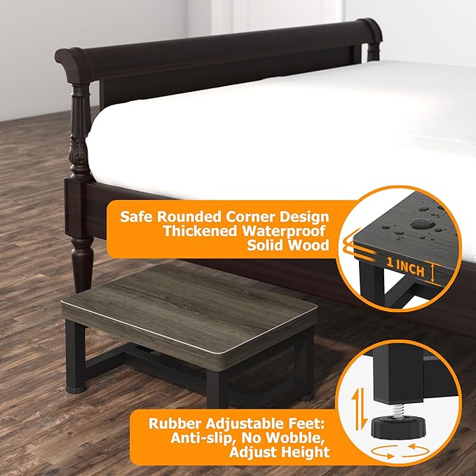 Step Stools for Adults Kids with Non-Slip Rubber Feet, Heavy Duty Wooden Stepping Stools with 500-LBS Capacity for Bedroom Kitchen Bathroom, Sturdy Bed Steps for High Beds, Easy to Assemble, Gray