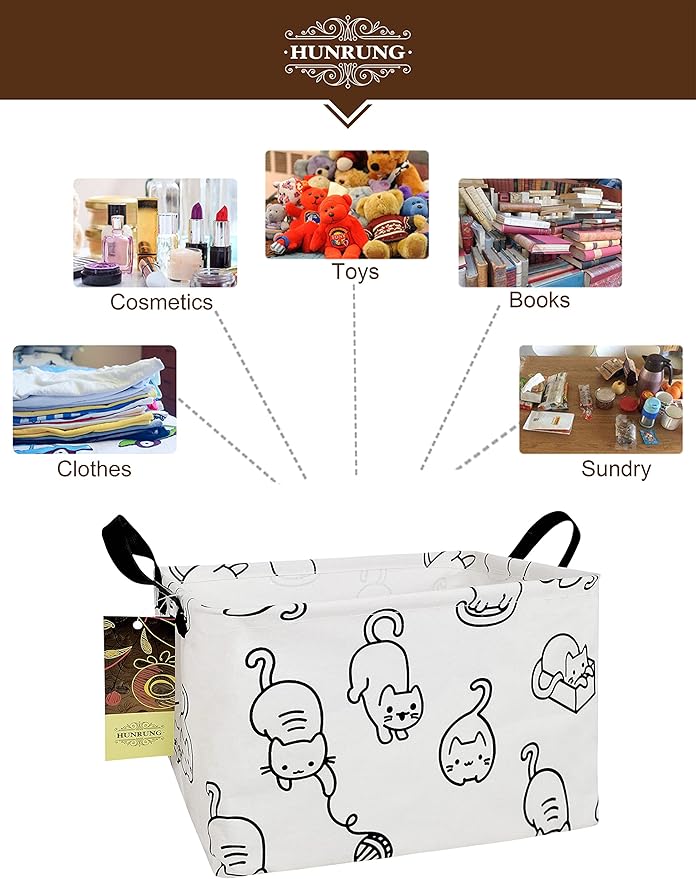 HUNRUNG Rectangle Storage Basket Cute Canvas Organizer Bin for Pet/Children Toys, Books, Clothes Perfect for Rooms/Playroom(REC-Black cat)