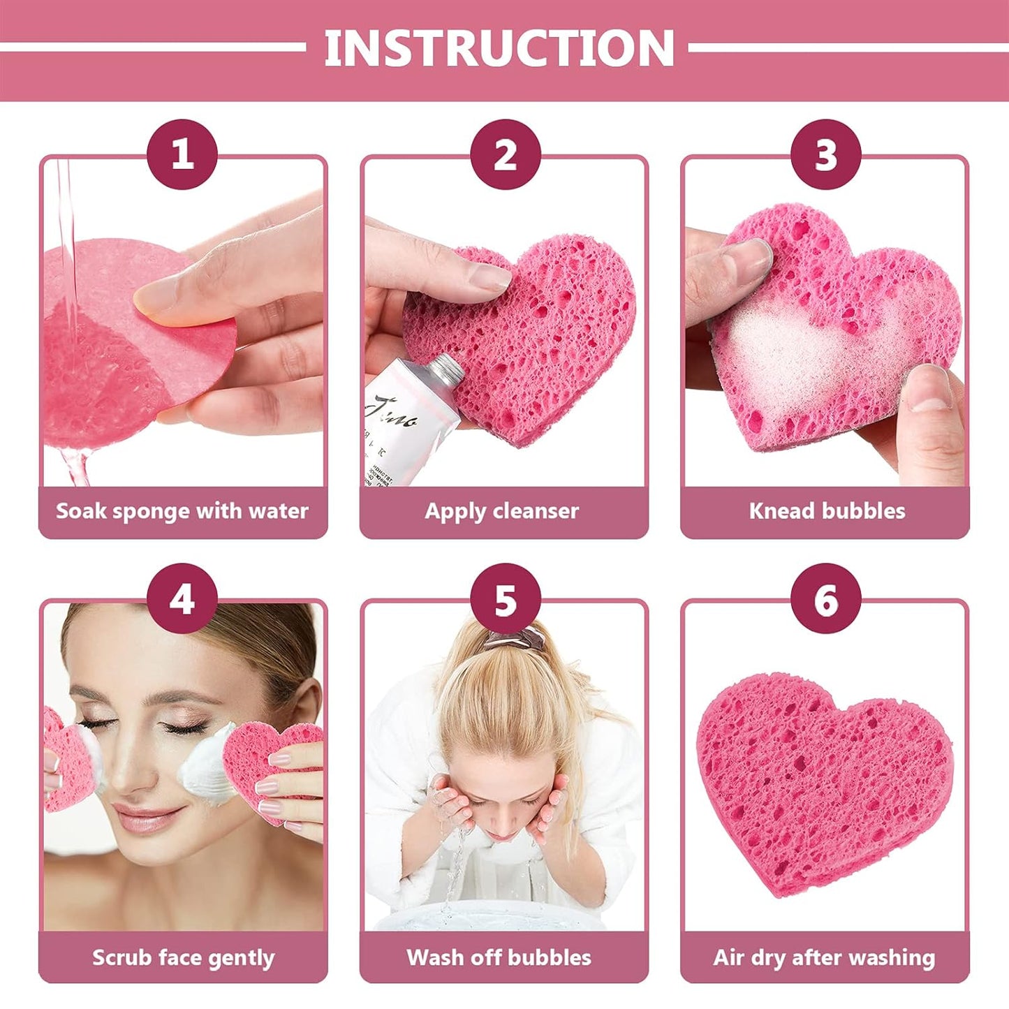 Nuenen 60 Pieces Facial Sponges with Container, Heart Shape Compressed Face Sponges Natural Cleaning Pads for Washing Face Cleaning Exfoliating Esthetician Makeup Removal(Pink)