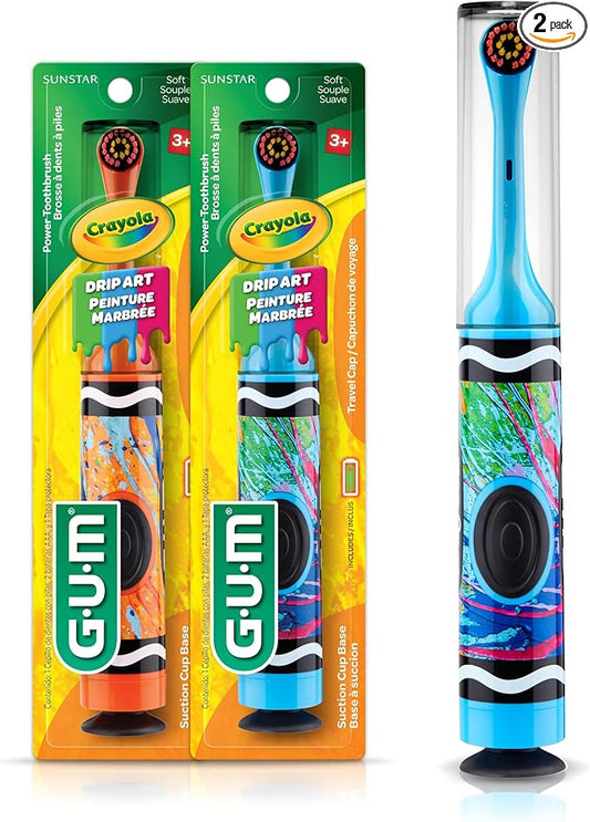 GUM Crayola Drip Art Kids Power Toothbrush, Extra Soft, 1 Count (Pack of 2) with Travel Cap