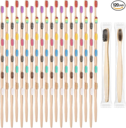 120PCS Bamboo Toothbrushes, Prepasted Disposable Toothbrush, Bulk Soft Bristle Toothbrushes for AdultsTravel Family Hotel Use and Homeless Gift, Individually Wrapped, 12 Color