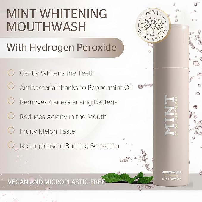 MINT whitening mouthwash with hydrogen peroxide - alcohol-free - mild taste - vitamin B12, peppermint oil and cucumber extract - mouthwash for the care of gums and interdental spaces -By Dr. Mintcheva