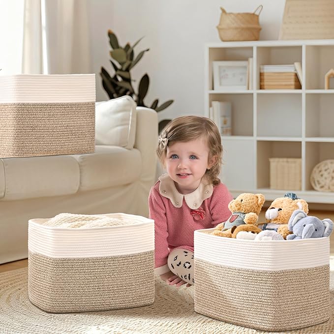 3 Pack Cube Storage Bin, 17”x12”x12” Cotton Rope Woven Baskets for Organizing Toys Clothes Towels, Square Gift Storage Baskets for Shelf, Nursery, Closet, Bathroom, Pantry (White & Jute)