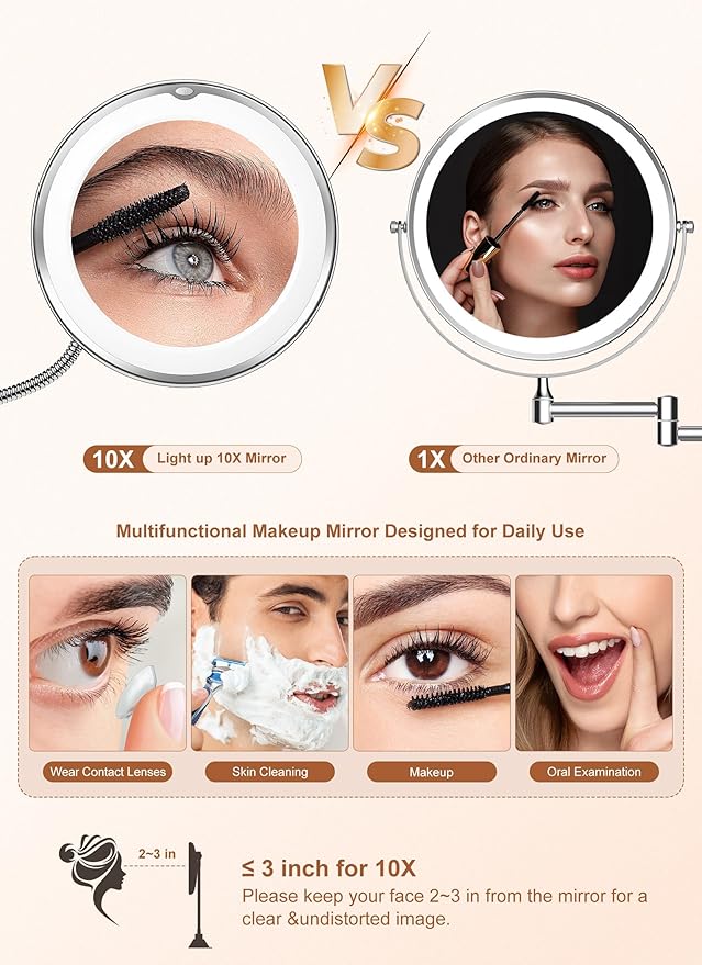 10x Magnifying Mirror with Light, Flexible Gooseneck Make up Mirror with Lights and Magnification, Battery Operated Cordless with Suction Cups for Wall Bathroom