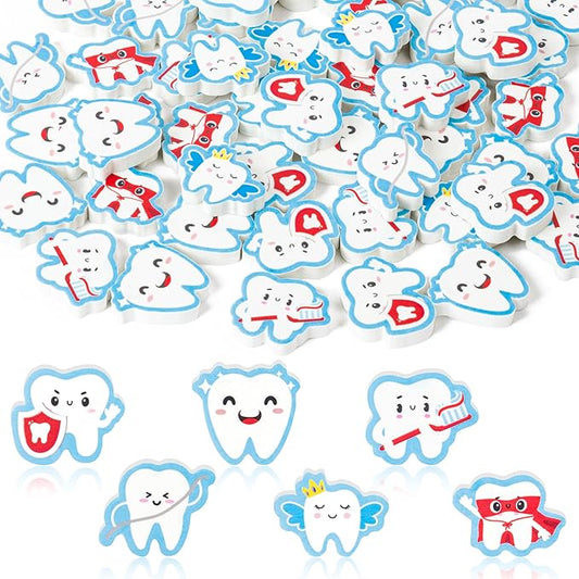 CJiangpo 60Pcs Tooth Mini Erasers for Kids Bulk, Cute Tooth Fairy Pencil Rubber Eraser Cartoon Novelty Teeth Themed Party Favors Filler School Classroom Prizes Gifts