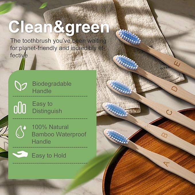Bamboo Toothbrushes 10 Count - BPA Free Medium Bristles, Compostable Natural Wooden Toothbrushes, Without Plastic, Eco-Conscious Packaging for Adults (White and Blue, Moderate Length)