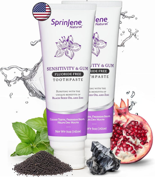 SprinJene Natural Fluoride Free Toothpaste for Sensitive Teeth & Gums – Patented Toothpaste with Black Seed Oil & Zinc – Vegan Dry Mouth Prevention for Fresh Breath – Made in The USA (2 Pack)