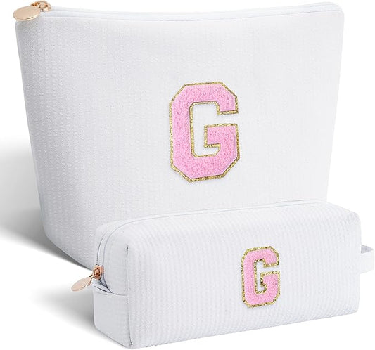 Personalized Makeup Bag for Women Girls - Fashion Cosmetic Bag Trendy Travel Toiletry Bag with Initials Letter - Teen Gifts - White,G