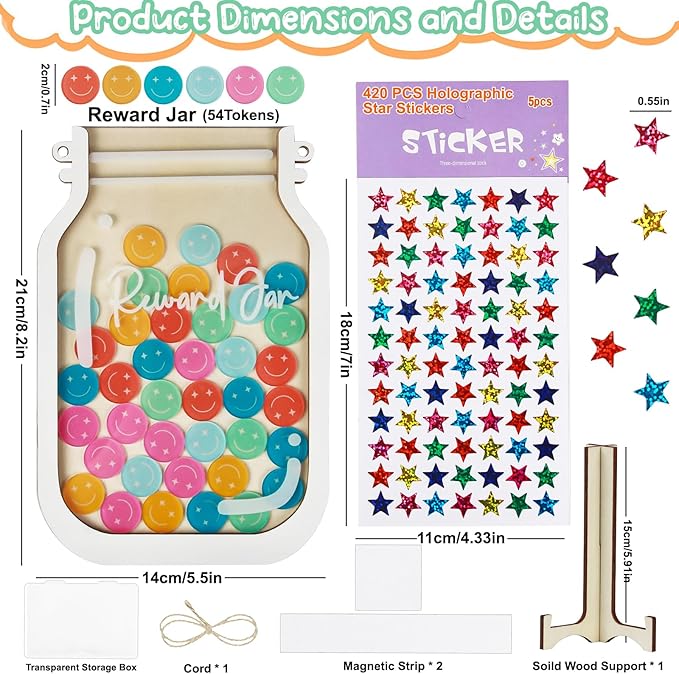 [Upgrade]Herda Magnetic Reward Jars for Kids with 54Pcs Smiley Tokens & 420 Holographic Star Stickers for Kids,Behavior Chart for Classroom,Reward Chart for Kids,Potty Training Chore Reward System