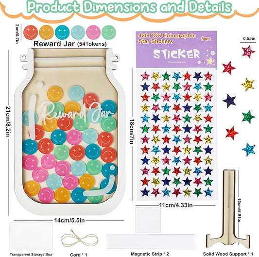 [Upgrade]Herda Magnetic Reward Jars for Kids with 54Pcs Smiley Tokens & 420 Holographic Star Stickers for Kids,Behavior Chart for Classroom,Reward Chart for Kids,Potty Training Chore Reward System