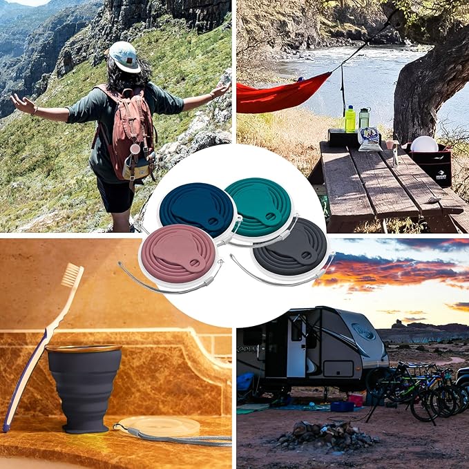 Litoexpe 4 Pack Silicone Collapsible Travel Cup Portable Folding Camping Cup Sets with Lids, Dark Gray & Pink & Navy Blue &Teal, Capacity 9.22oz (270ml)