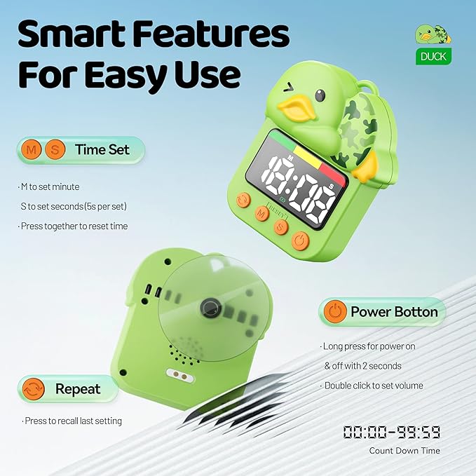 Shower Timer Waterproof Visual Timer for Kids - 99 Min Duck Shaped Digital Toddler Timer with Color Countdown Rechargeable Potty Training Shower Clock for Bathroom Toilet & Kitchen