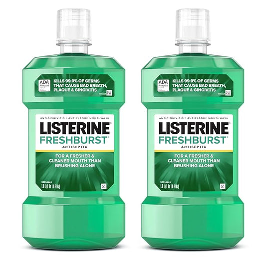 Listerine Freshburst Antiseptic Mouthwash for Bad Breath, Kills 99.9% of Bad Breath Germs & Fights Plaque & Gingivitis, ADA Accepted Mouthwash, Spearmint, Convenience Pack, 2 x 1 L