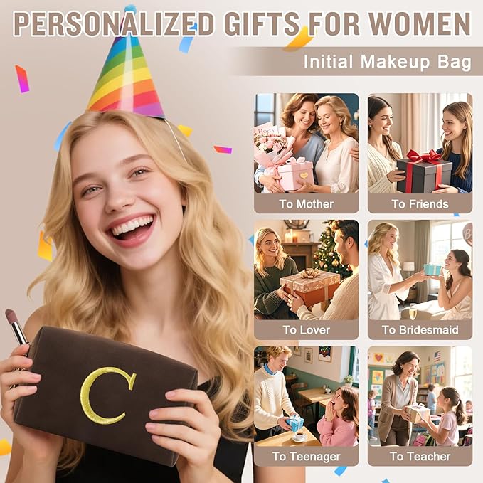 Personalized Initial Makeup Bag,Preppy Suede Cosmetic Bag for Teen Girls,Small Monogram Travel Toiletry Bag With Gold Embroidered Letter,Trendy Stuff Custom Christmas Gift for Women(Coffee-C)