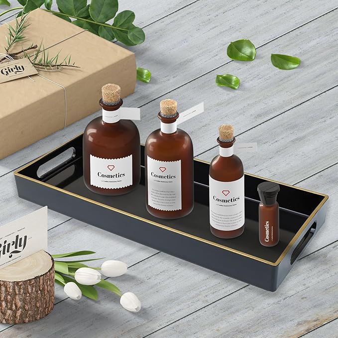 Black Vanity Tray with Handles, Decorative Tray Desktop Storage Organizer for Bathroom, Living Room, 5.9"*13.7"