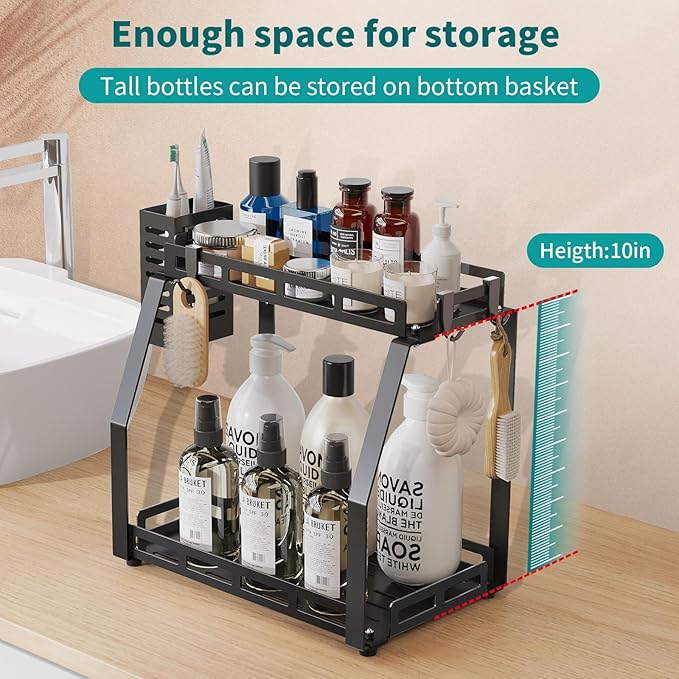 junyuan Bathroom Organizer Countertop,2 Tiered Tray Stand,Perfume Organizer Shelves with Toothbrush Holders,Bathroom Counter Storage Rack with Basket and Hooks Metal Black