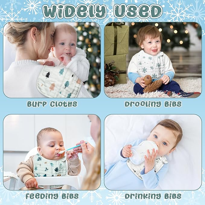 Zainpe 6Pcs Snap Muslin Cotton Baby Bibs Cute Themes Snowflake Penguin Pattern Infants Drooling Bib Adjustable Burp Cloth Soft Absorbent Feeding Cloths for Unisex Newborn Toddler Teething Eating