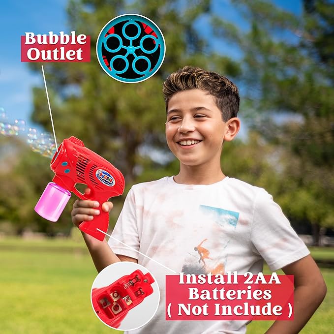 JOYIN 2 Bubble Guns with 2 Refill Solution (10 oz Total), Bubbles Maker, Blower, Machine Gun Blaster for Kids, Toddlers, Outdoors Activity, Party, Birthday Gift, Easter Toys (Blue+Red)