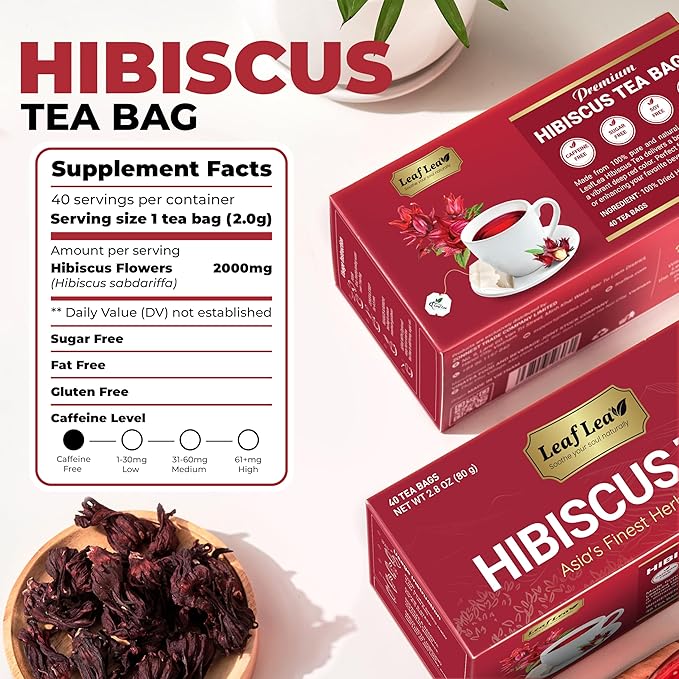 LeafLea Hibiscus Tea Bags – 240 Count, Individually Wrapped, 100% Natural Hibiscus Flower Herbal Tea, Caffeine-Free, Sugar-Free, Non-GMO, Rich in Flavor & Color, Te de Hibisco, Jamaica Tea (Pack of 6)