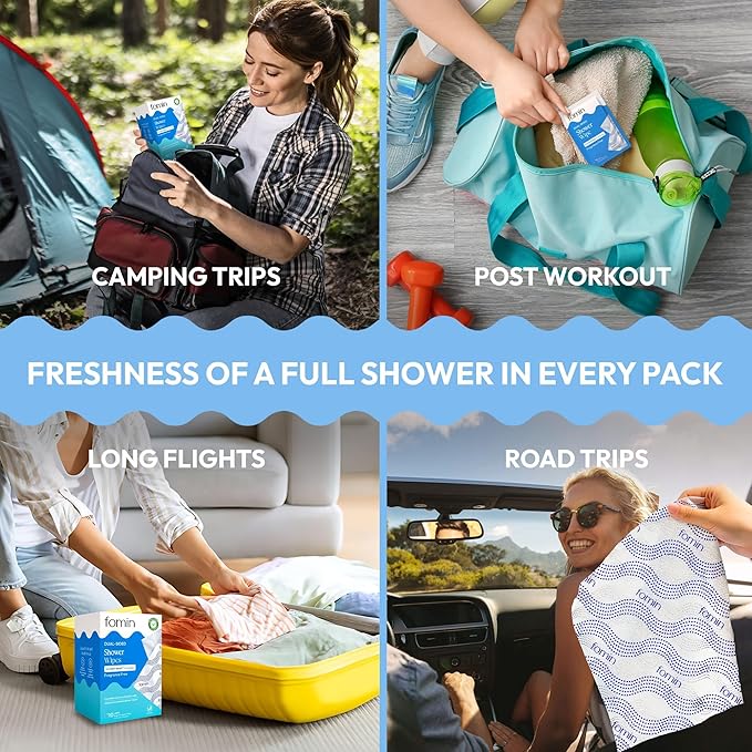 FOMIN Travel Shower Wipes - 20 Pack - No Rinse XL Bathing Wipes with Vitamin E - Fragrance-Free Full Body Wipe for Adults - Individually Wrapped Waterless Bath Wipe for Hygiene, Camping, & Gym