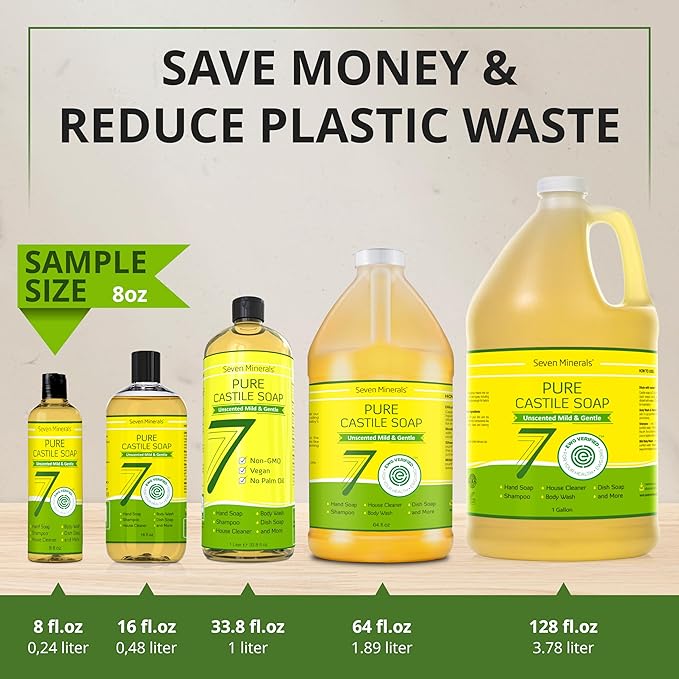 Pure Castile Soap - No Palm Oil, GMO-Free - Gentle Liquid Soap For Sensitive Skin & Baby Wash - All Natural Vegan Formula with Organic Carrier Oils (8 Fl Oz, An Unscented)