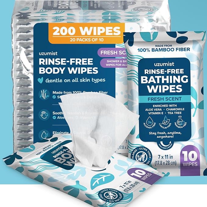 Body Wipes For Adults Bathing No Rinse 200pc XL - Ultra Thick Shower Travel Wipes For Personal Cleansing & Hygiene Essentials, Elderly Care, Incontinence Disposable Washcloths For Women Men