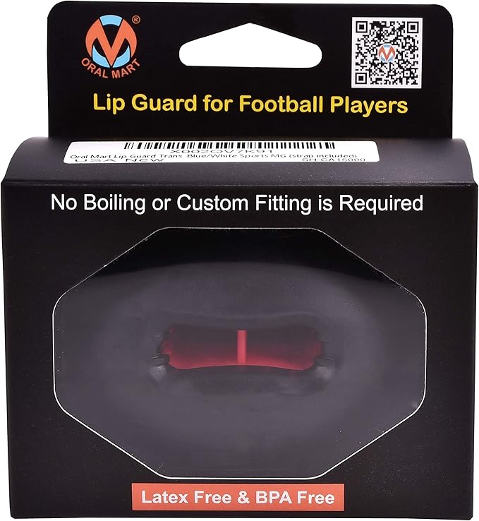 Oral Mart Flag Football Mouth Guard with 3D LipFit Design for Kids - Youth Tackle Football Mouthguard (No Boil) Cool Instant Fit Lip Guard Mouthpiece for Braces (Detachable Helmet Strap Included)