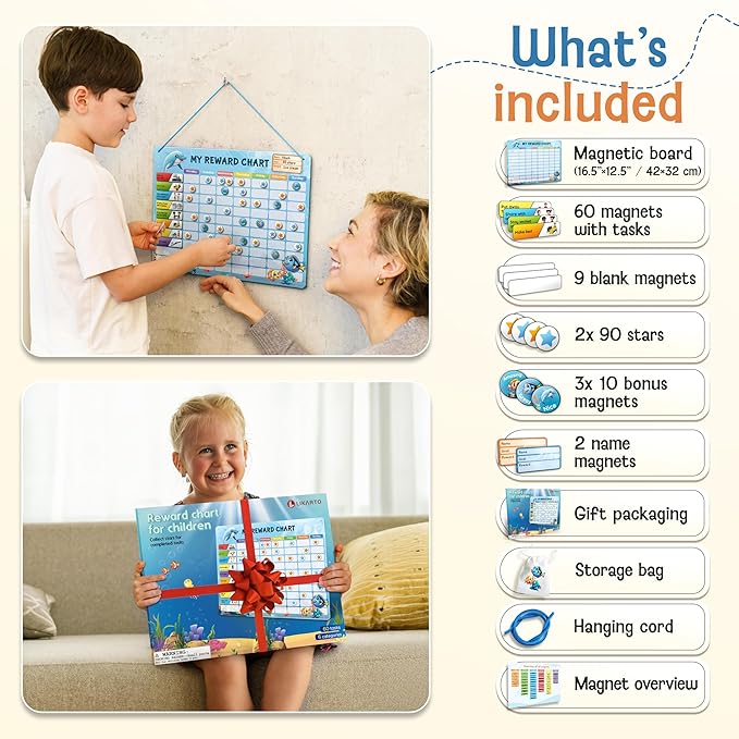 Magnetic Reward Chart for Kids with 280 Magnets - Behavior Chart for Kids at Home - Responsibility Reward Chart - Chore Chart - Visual Schedule - Ideal for Ages 3-9, Autism, ADHD - Blue