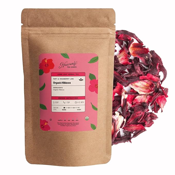 Heavenly Tea Leaves Organic Hibiscus, Loose Leaf Herbal Tea, 4 oz. (Approx. 50 Cups of Tea) – Tart, Fruity, Caffeine Free Herbal Tisane – Delicious Hot or Iced – Premium Quality Wellness Support