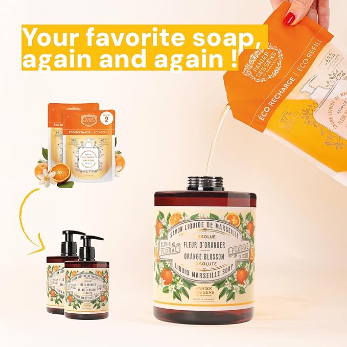 Panier des Sens - Liquid Hand Soap Refills – Orange Blossom Foaming Hand Soap Refill – French Coconut Oil Moisturizing Hand Wash - Kitchen & Bathroom Hand Wash- Soft Soap Refill 96% Natural - 34 Floz