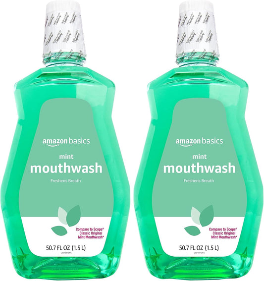 Amazon Basics Mint Mouthwash, Fresh Mint, 1.5 Liters, 50.7 Fluid Ounces, 2-Pack (Previously Solimo)