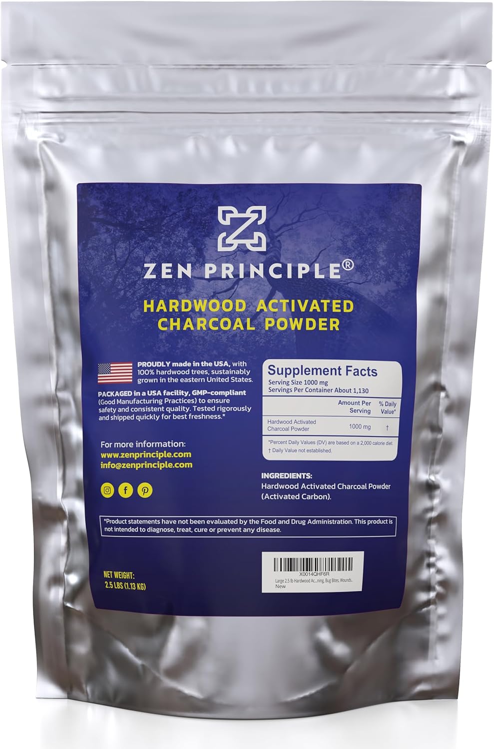 Zen Principle Hardwood Activated Charcoal Powder 100 Percent from USA Trees. All Natural. Whitens Teeth, Rejuvenates Skin and Hair, Supports Better Digestion, 40 Oz