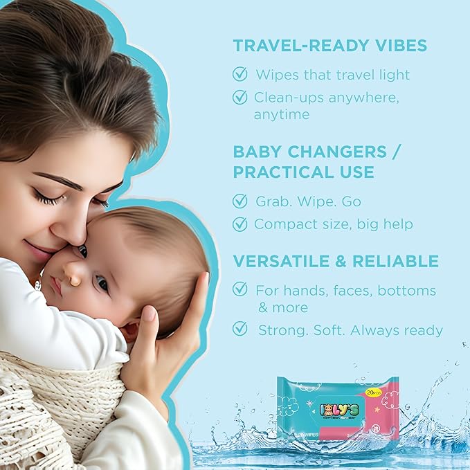 Ioly's Baby Wipes Unscented Wet Wipes 99% Water Based with Aloe Vera Fragrance Free Travel Pack 20 ct Hypoallergenic Water wipes for Sensitive Skin Toallitas Húmedas para Bebés Bulk Available