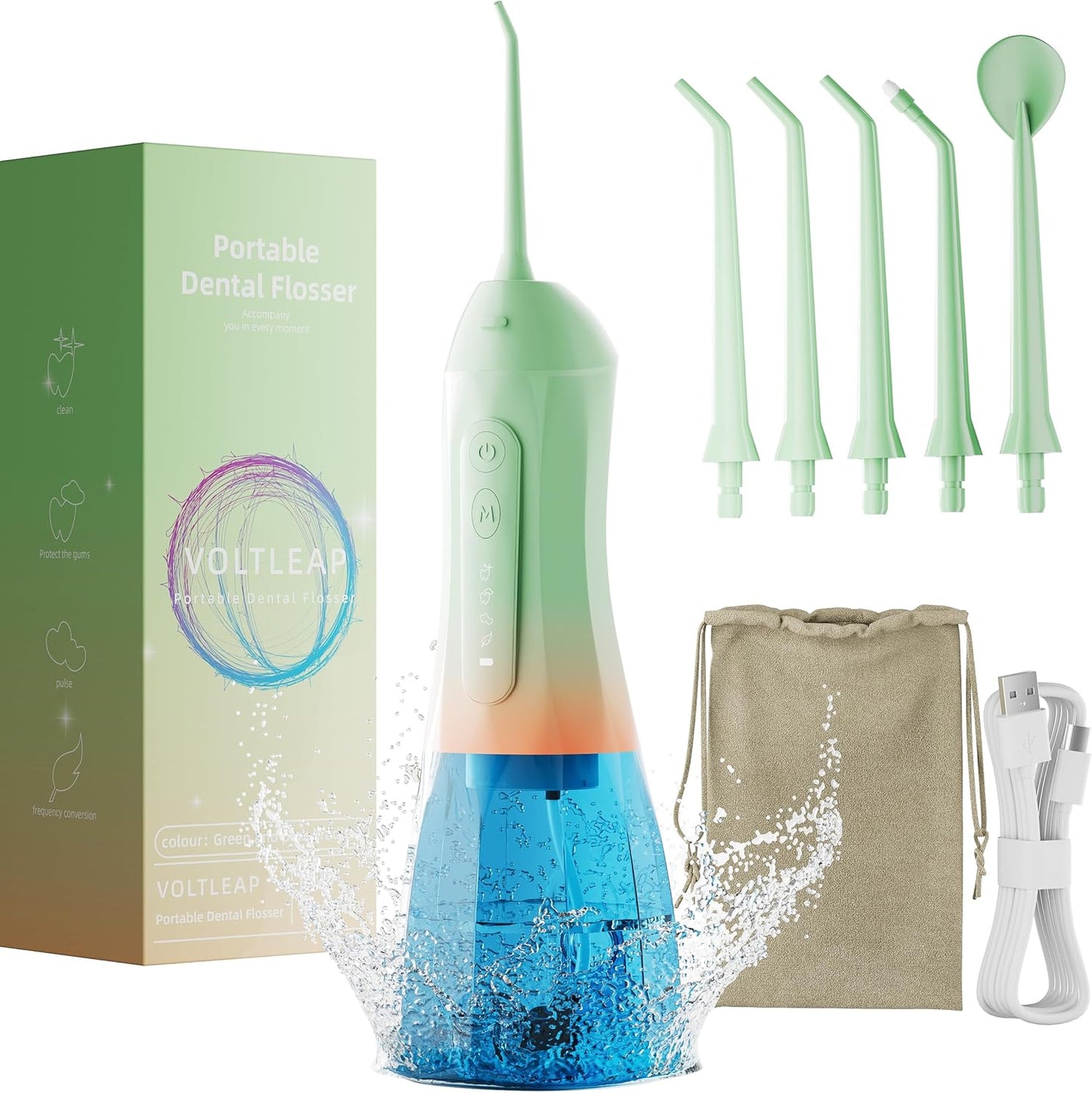 Water Flossers for Teeth, Electric Floss for Adults & Kids, Water Dental Picks, Cleaning and Flossing, Portable Flossers for Travel Size, Gums, Dental Care with Travel Bag, Waterproof - Green/Pink