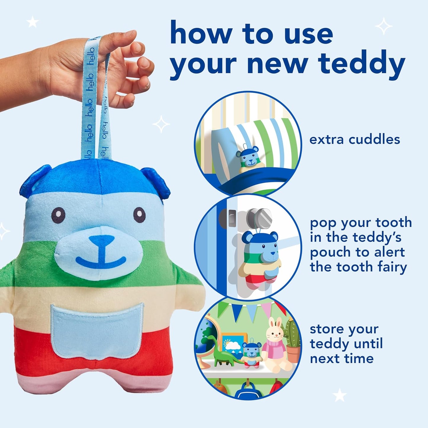hello Tooth Fairy Kit with Tooth Fairy Door Hanger and Teddy Bear, Includes Full Size Fluoride Kids Strawberry Toothpaste and Kids Toothbrush, for Children Ages 3 and Up