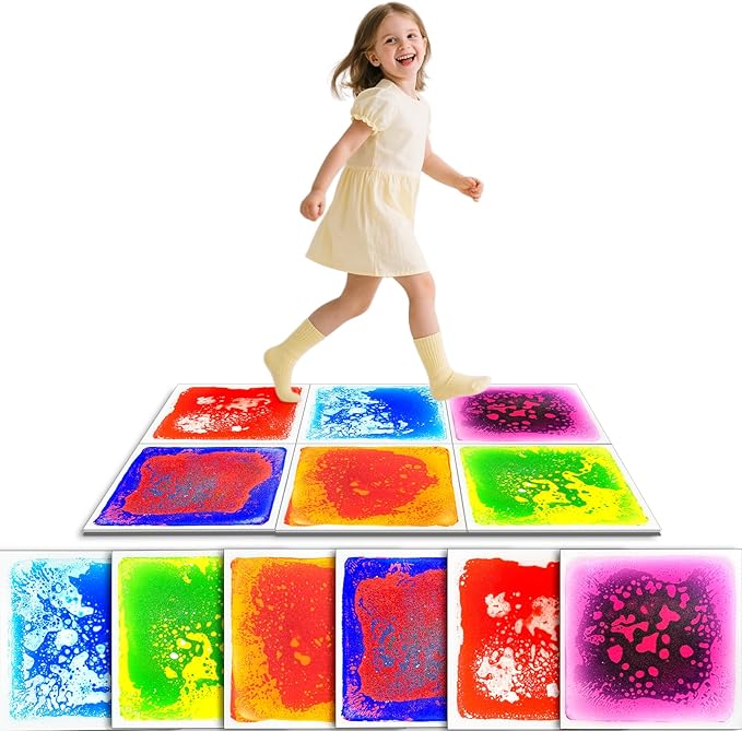 Liquid Sensory Tiles Floor Pads - 6PCS Square Sensory Floor Mats for Kids with Autism