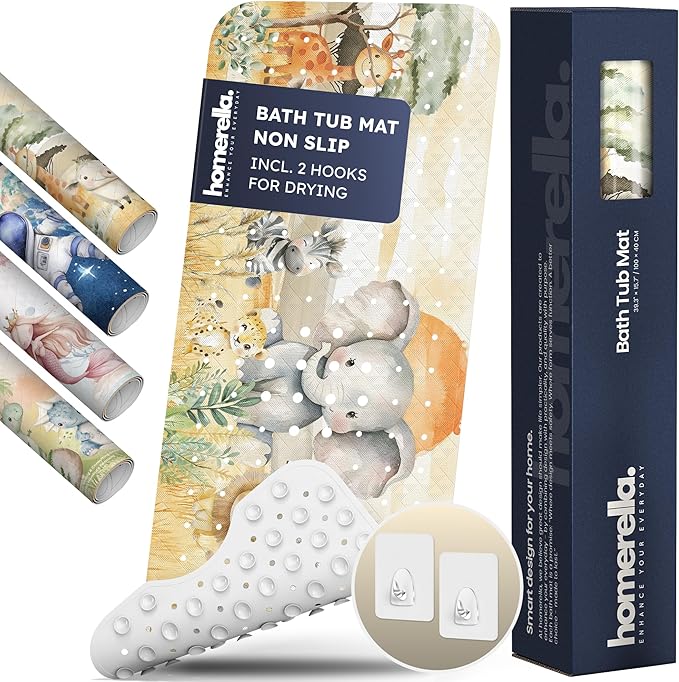 Bath Tub Mat Non Slip Anti Mold for Kids BPA Free INCL Hooks - homerella® Ocean Sea Animals 40x16, Baby Bath Mat Non Slip 200 Suction Cups, Non Toxic Machine Washable Toddler Bath Mat, EU Certified