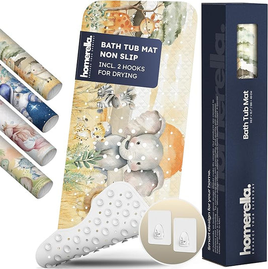 Bath Tub Mat Non Slip Anti Mold for Kids BPA Free INCL Hooks - homerella® Ocean Sea Animals 40x16, Baby Bath Mat Non Slip 200 Suction Cups, Non Toxic Machine Washable Toddler Bath Mat, EU Certified