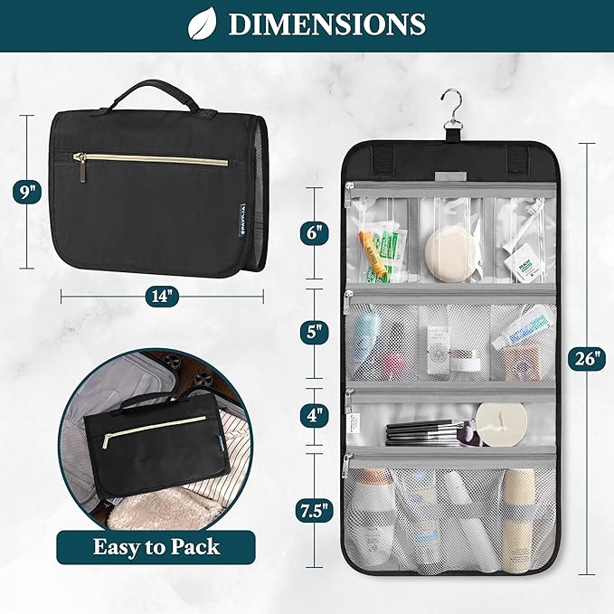 PAVILIA Hanging Toiletry Bag Women Men, Travel Kit Foldable Large Toiletries Organizer, Roll up Cosmetics Makeup Bag Accessories, Waterproof Essentials Jewelry Case (Black)