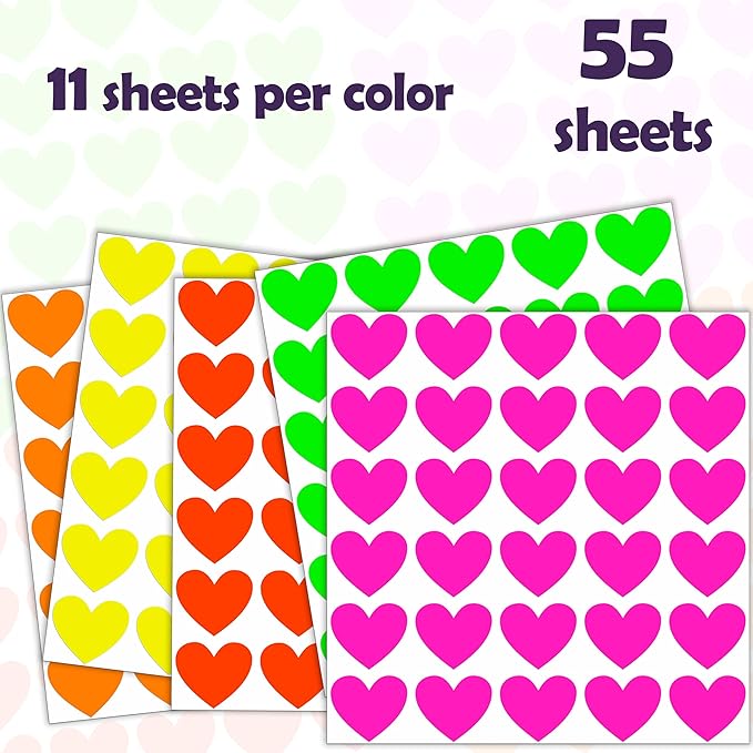 YSHIHE Fluorescent Heart Stickers, 1650 Pieces, Neon Colors, 3/4 Inch Mini Labels, 55 Sheets for Party, Gift Packaging, Decorating