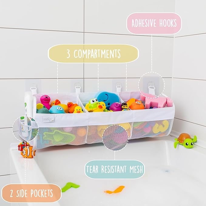 Comfylife Large Bath Toy Organizer – 3 Compartment Bath Toy Holder for Bathtub & Shower – Quick-Dry Mesh with 4 Strong Adhesive Hooks – Kids Toys Storage Net for Bathroom, shower & Tub