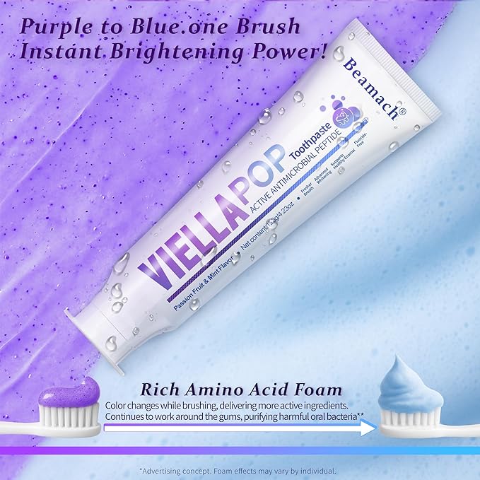 VIELLA POP Purple Toothpaste, Active Antimicrobial Peptide Purple to Blue Foam Whitening Toothpastes with Niacinamide, Fluoride Free, Passion Fruit & Mint Flavor, Appropriate for Sensitive Teeth (2)