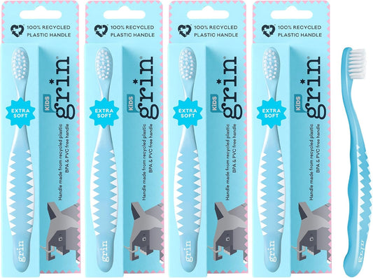 Grin Kids 100% Recycled Toothbrush, Extra Soft, 4 Count, Blue, Gentle Care for Baby and Toddler Teeth