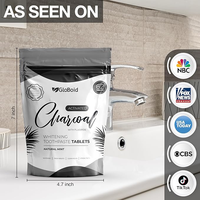 GloBoid Charcoal Toothpaste Tablets with Fluoride, Zero Waste Toothpaste Bits, Eco Friendly Toothpaste Tabs, Plastic Free Toothpaste Bites - 1 Month Supply - 62 Count - Mint