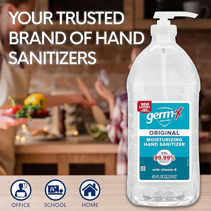 Germ-X Original Hand Sanitizer, 67.4 Fl Oz (Pack of 1), Less Drying Moisturizing Gel with Vitamin E, No Rinse Formula, Bulk Size Pump Bottle for Long Term Use