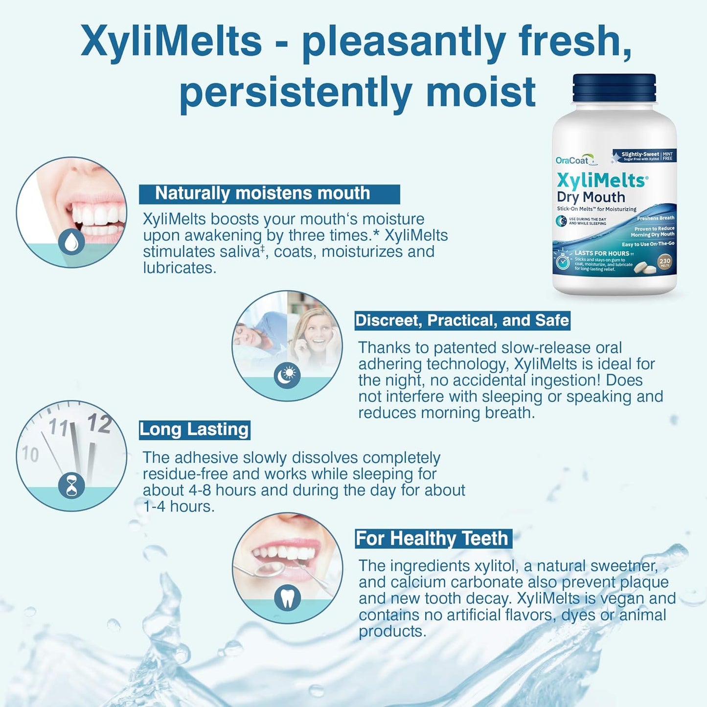 Oracoat XyliMelts for Dry Mouth Night Time or Day - Moisturizing Dry Mouth Adhering Discs, Sugar Free with Xylitol, 230 Count, Slightly Sweet Flavor, 8-Hour Relief