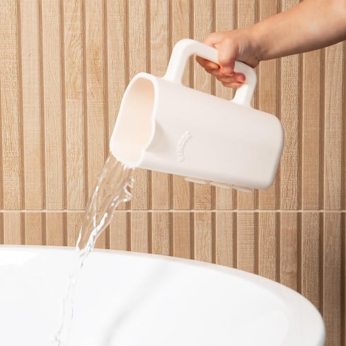 Baby Bath Cup with Suctions - BPA Free, 100% Food Grade Silicone Rinse Cup, Clutter-Free Tub Area, Kids Learning Tool, Sticks to Tiles, Drains Water Upside Down- "Patent Pending"