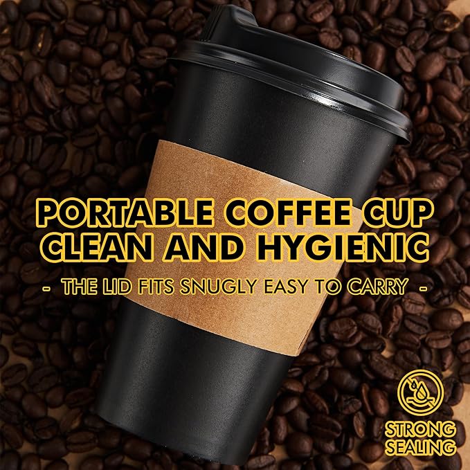 RACETOP 50 Pack 16 oz Coffee Cups with Lids, Black Disposable Coffee Cups with Lids, Sleeves and Stirring Sticks, Hot Paper Coffee Cup 16 oz for Hot Drinks, Parties, Picnic, Travel, and Events
